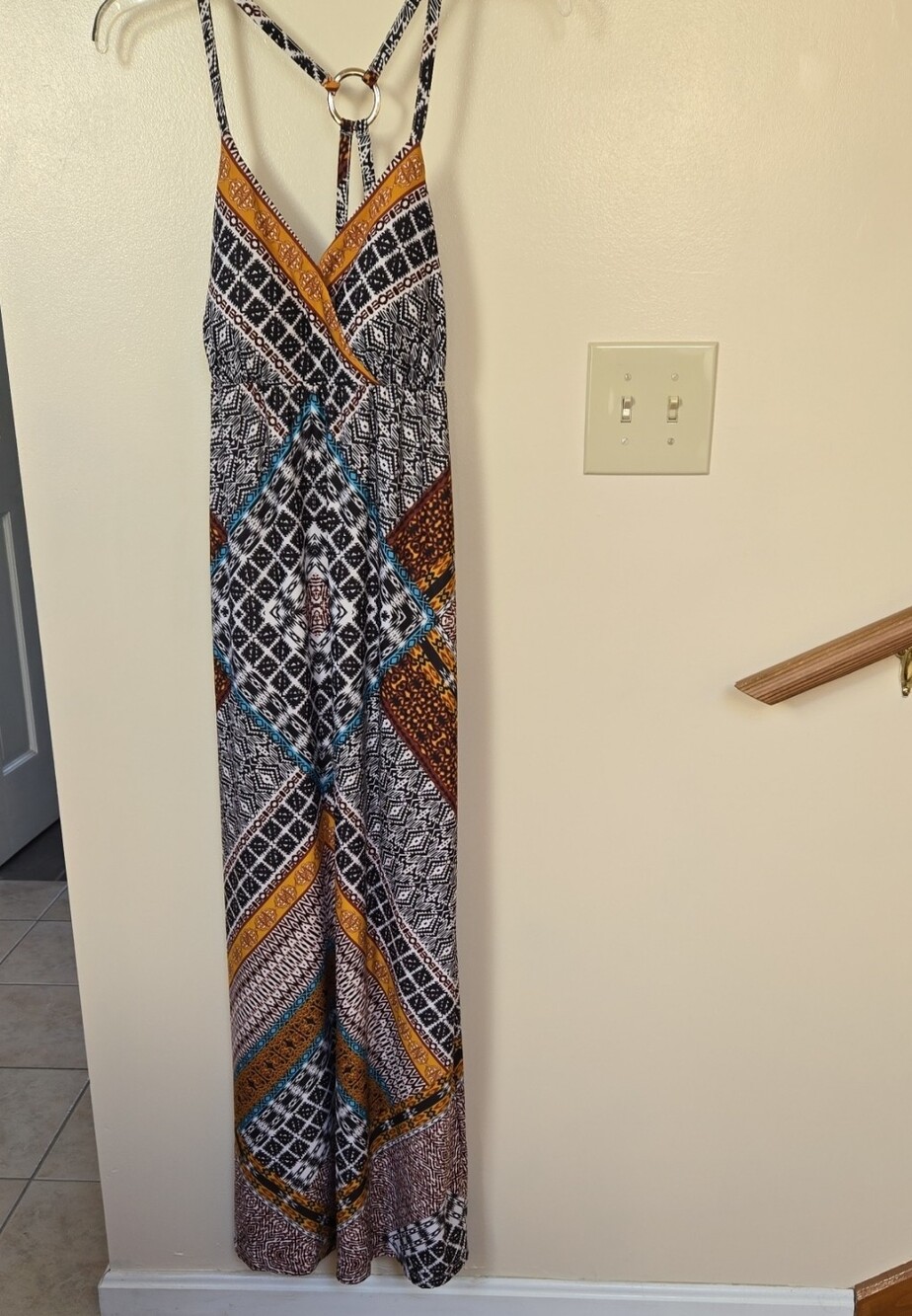 INC International Concepts Black, Mustard & Teal Geometric Ring-Back Maxi Dress
